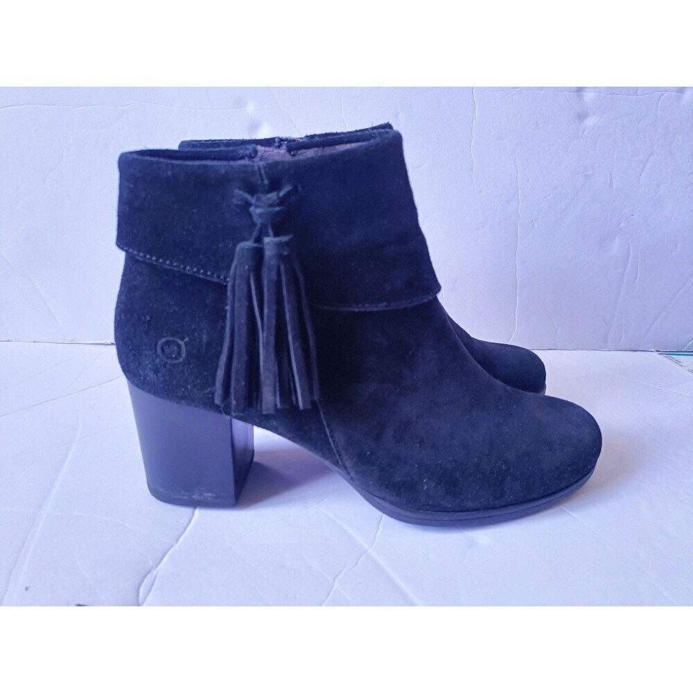 Born Mauvide Booties Women's Size 9.5 Black Suede Tassel Heeled Ankle Boots